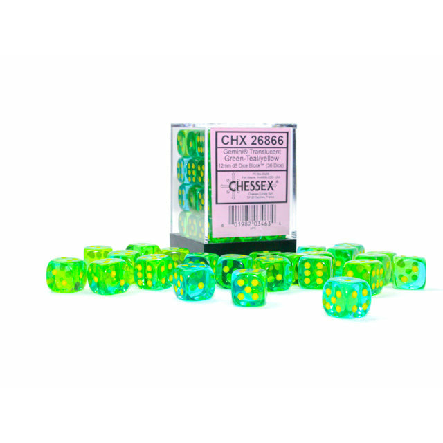 Gemini Translucent 12mm D6 Green-Teal/Yellow (36) (CHX26866)